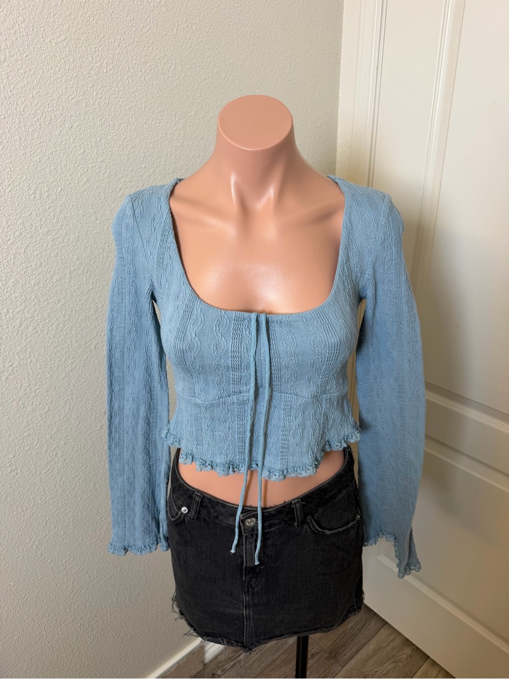 Edikted Powder Blue Knit Tie-Front Long Sleeve Crop Top